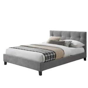 Cama Doble Imperial, Gris, madera roble tapizada
