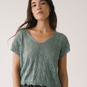Top calado azul claro de tricot de algodón orgánico